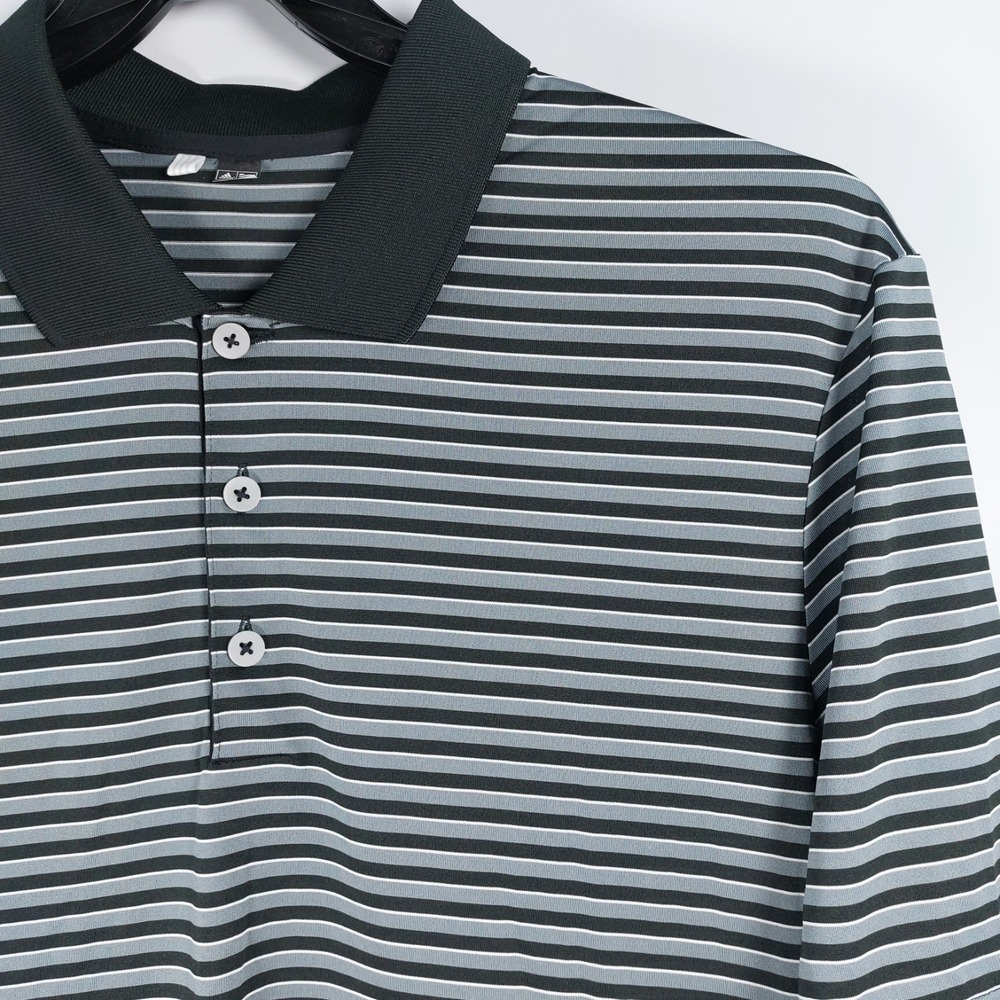 Adidas Polo Shirt Mens‎ Large Gray Black Horizontal Striped Short Sleeve Golf